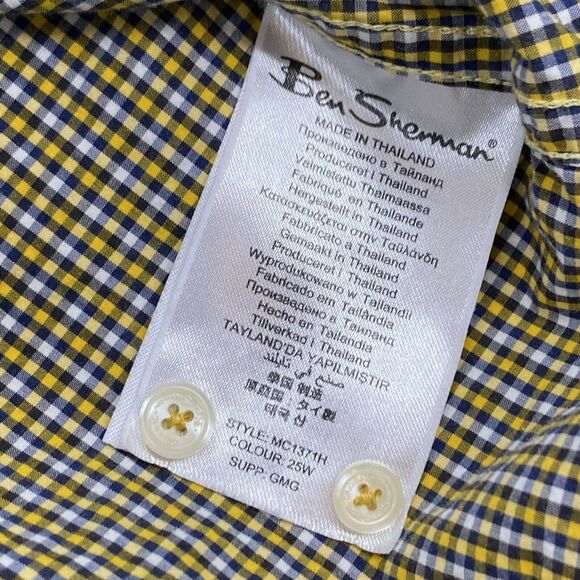 Ben Sherman Mens XL Long Sleeve Button Down Yellow Gold & Blue Plaid Shirt - Picture 11 of 12